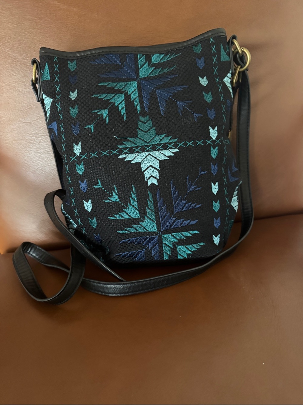 Lucky Brand Embroidered Boho Crossbody Bag Black Blue Teal